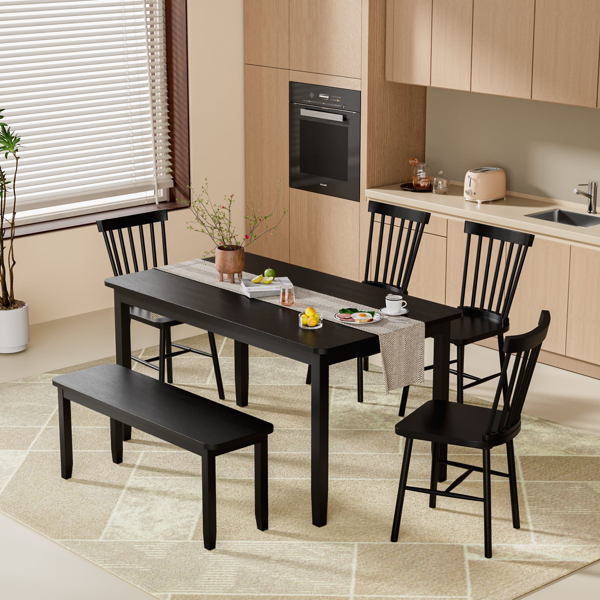 Lacoo Modern Simple Solid Wood Dining Table Set 6-Piece, 1 Table 4 Chairs 1 Bench, Kitchen Dining Room Furniture Set, Multiple Colors Available