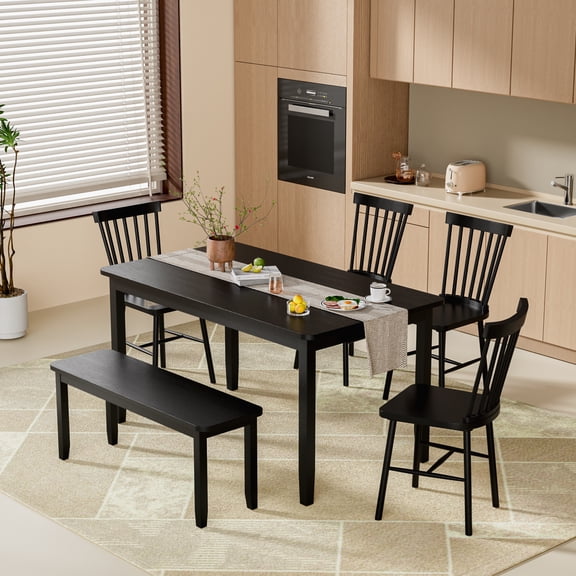 Lacoo Modern Simple Solid Wood Dining Table Set 6-Piece, 1 Table 4 Chairs 1 Bench, Kitchen Dining Room Furniture Set, Multiple Colors Available