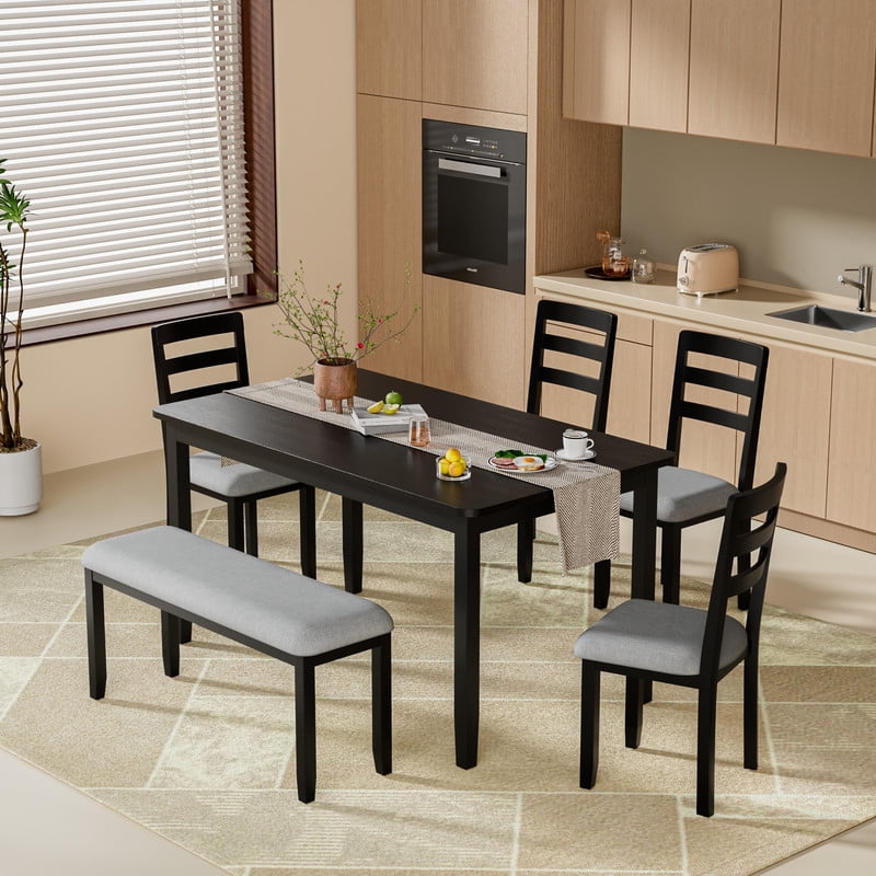 Lacoo Modern Simple Solid Wood Dining Table Set 6-Piece, 1 Table 4 Chairs 1 Bench, Kitchen Dining Room Furniture Set, Multiple Colors Available
