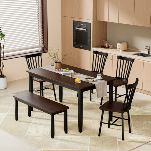 Lacoo Modern Simple Solid Wood Dining Table Set 6-Piece, 1 Table 4 Chairs 1 Bench, Kitchen Dining Room Furniture Set, Multiple Colors Available