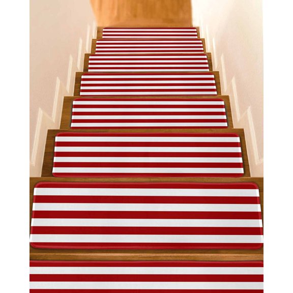 Modern Simple Stair Treads Non Slip for Steps Red White Stripes 4 Pcs Reusable Adhesive Stair Runner Mats for Dogs Elders Carpet Treads Rugs for Staircase 8x30 In