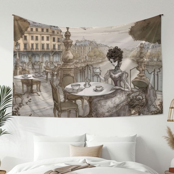 Modern Simple Style Tapestry, Lady Afternoon Tea Print Tapestry, Bedroom Living Room Dormitory Decoration, Home Decoration