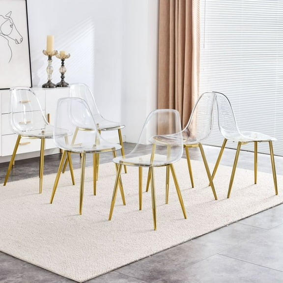 Modern Simple Transparent Reception Chair, Plastic Dining Chair, Armless Crystal Chair, Scandinavian Creative Makeup Stool, Negotiation Chair, Gold-Plated Metal Legs 6 Piece Set.