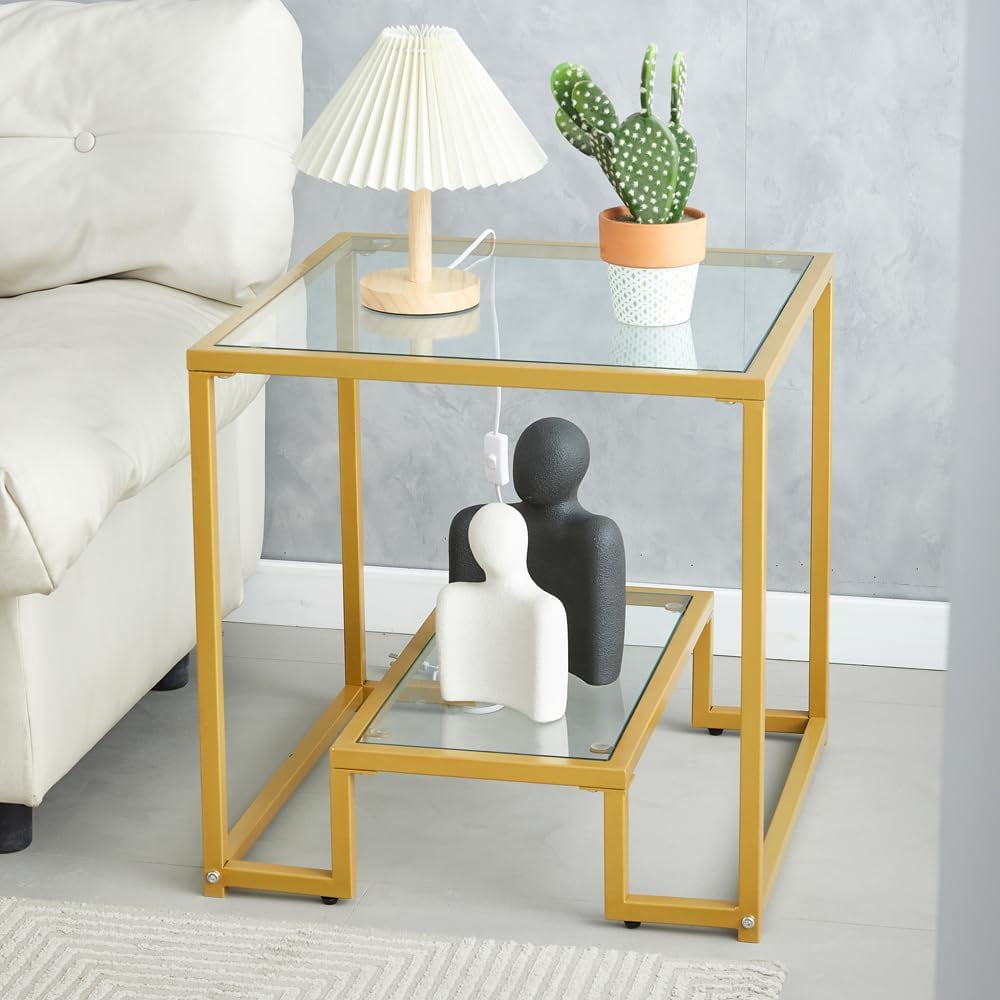 Modern and Simple Two Tier Golden Metal Side Table with Tempered Glass ...