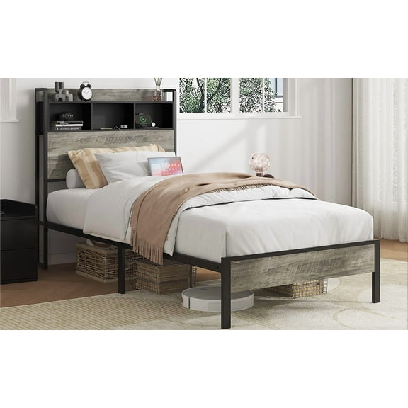 Modern Single Bed Frame with Storage Compartment at Headboard and Integrated USB Charging Station Space-Saving Design for Dorm Rooms and Small Apartments