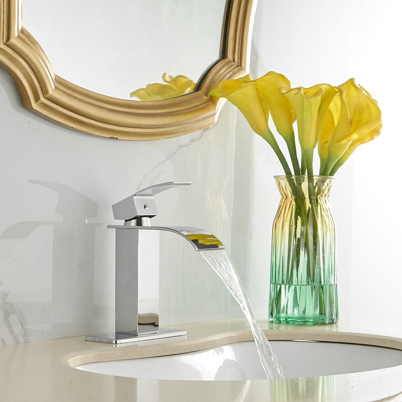 Modern Single-Handle Waterfall Bathroom Faucet Chrome Without Pop UP ...