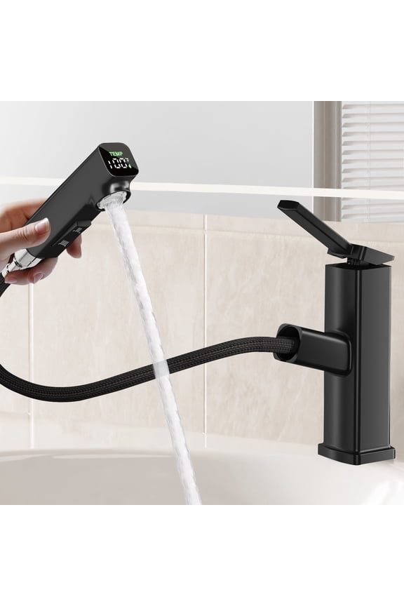 Modern Single Hole Pull-Out Bathroom Faucet with LED Digital Temperature Display & 3 Spray Modes(Mate Black, Regula)