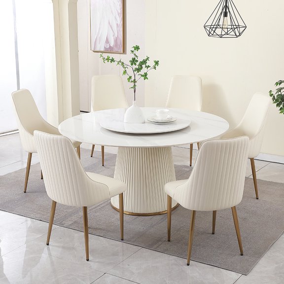 Modern Sintered Stone Dining Table With 31.5" Round Turntable & 6 Chairs, Petal-shaped, Value For Money 59" And Chairs , Scratch-, Luxury