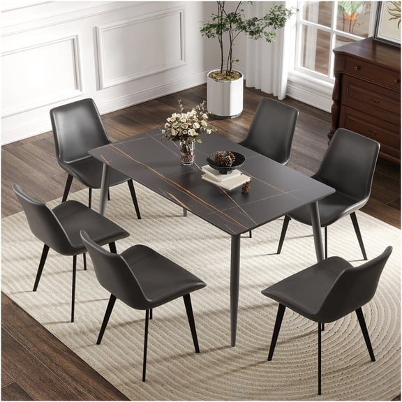 Modern Sintered Stone Dining Table for 6 with Black Metal Legs, Rectangular Kitchen Table