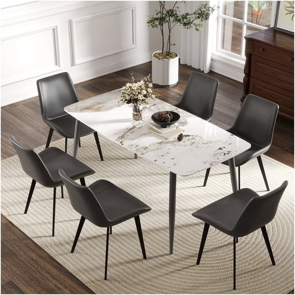 Modern Sintered Stone Dining Table for 6 with Curved Edge and Dark Gray Metal Legs, White Pandora Surface