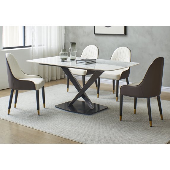 Modern Sintered Stone Dinning Table With 6 pcs Chairs Carrara white color 63inch With Solid Black Frame