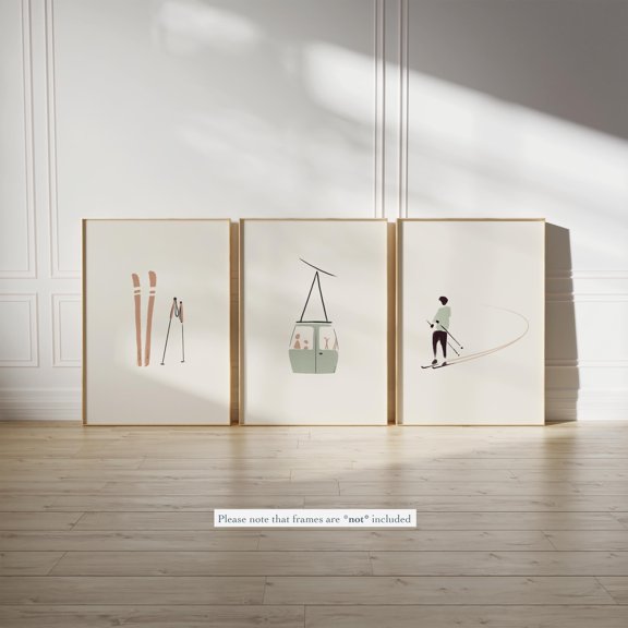 Modern Skiing Poster Set Green Triptych Winter Sports Art Prints Set 3