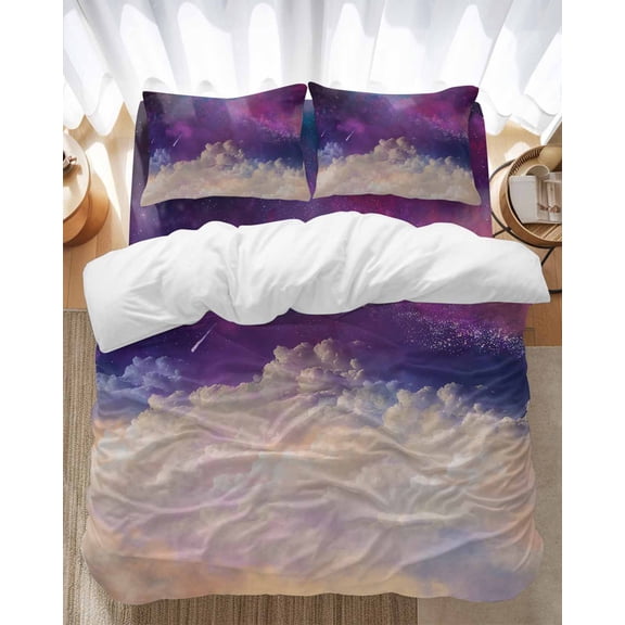 Modern Sky Bedding Duvet Cover Set Twin Size 4 Pieces Meteor Purple and White Soft Twill Plush Quilt Cover, Include 1 Duvet Cover 1 Flat Sheet And 2 Pillow