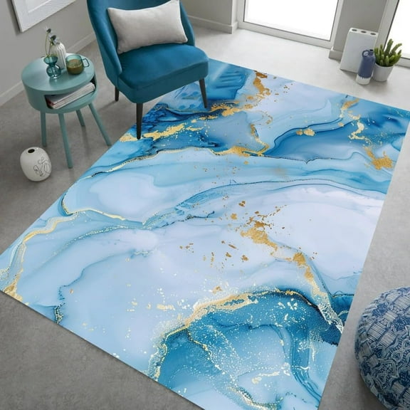 Modern Sky Blue Gold Marble Ink Wash Texture Area Rug Abstract Soft Non Slip Carpet for Living Room Bedroom Diningroom Art Deco Washable Comfort Floor Rugs 2'x3'
