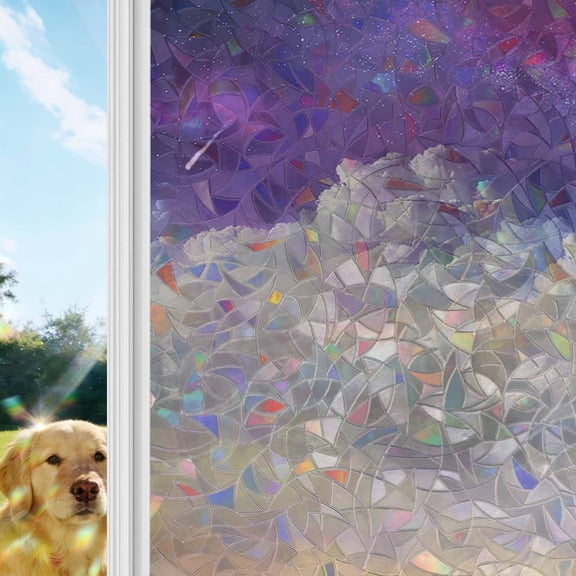 Modern Sky Rainbow Window Privacy Film, Meteor Purple and White Stained Glass Window Film, Sun Blocking Glass Clings Static Cling Non Adhesive Door Stickers 29.5 x 118 Inches