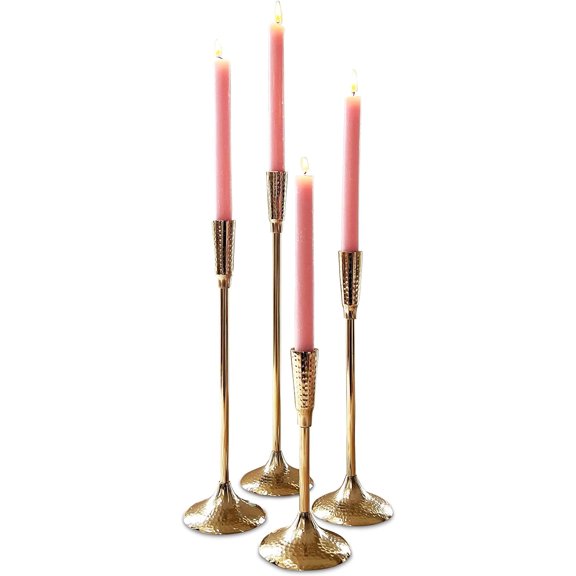 Modern Skyline Hammered Taper Candle Holders, Set of 4, Gold Metal, Artisan Crafted, Hand Rubbed Aluminum, 16.25, 13.75, 12.25 and 8.75 Inches Tall