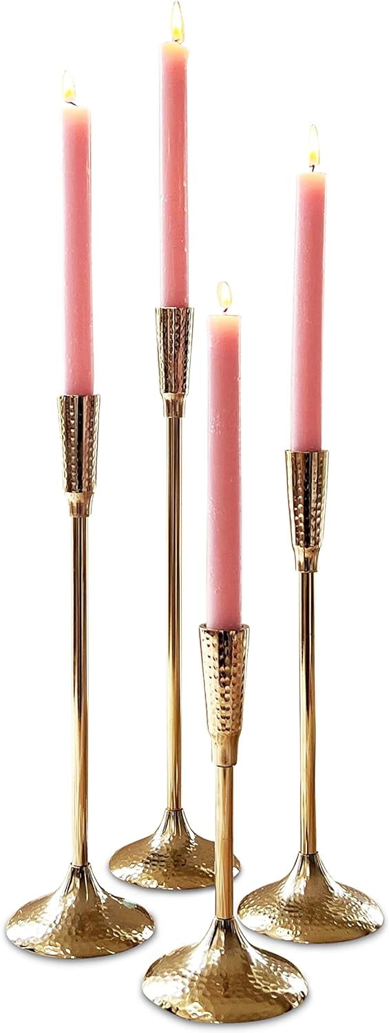 Artisan Crafted Gold Metal Hammered Taper Candle Holders, Set of 4