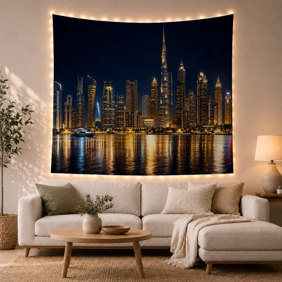 Modern Skyscraper Cityscape with Shimmering Water Reflections, Dramatic Digital Art for City Lovers, Vibrant Urban Wall Decor, Housewarming Gift Tapestry Wall Hanging for Bedroom and Living Room