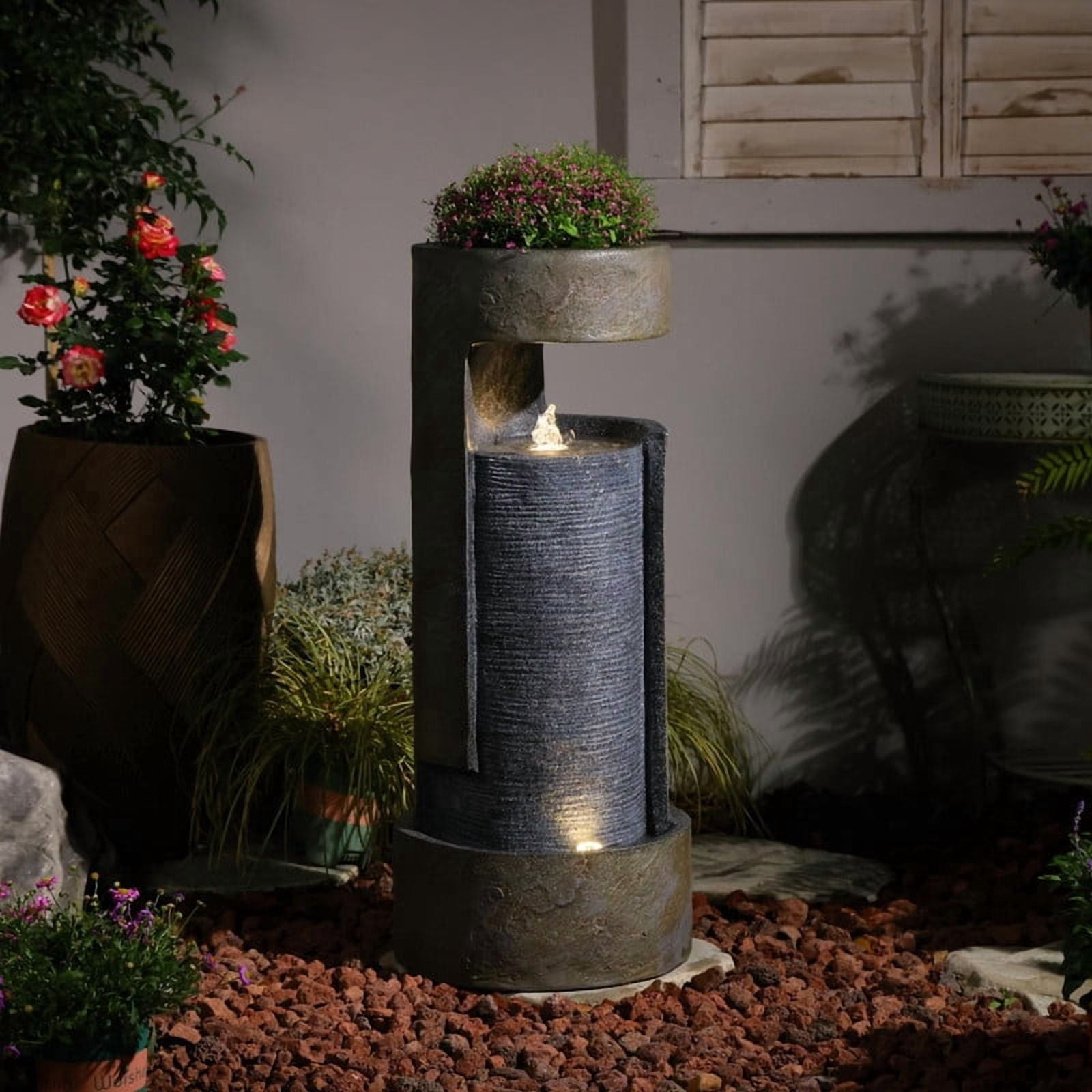 Modern Slate Style Outdoor Water Fountain with LED Light & Planter, Resin Floor Fountain for Garden Patio Backyard, Wired Plug-in Powered