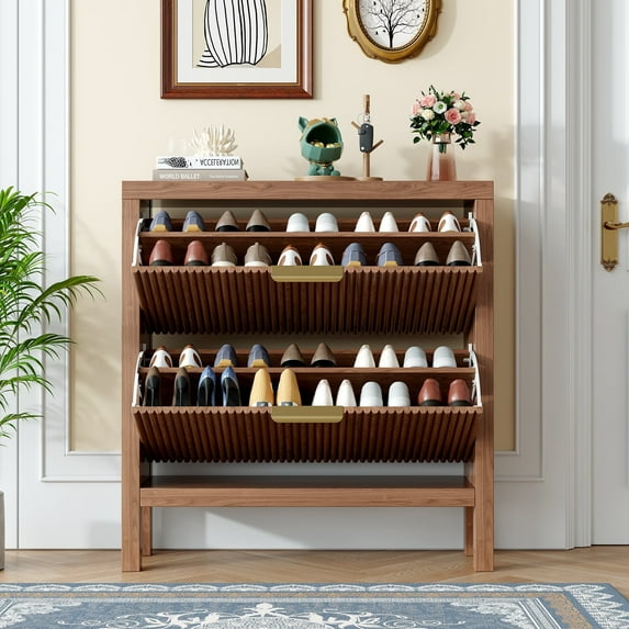 Modern Slatted Wood Shoe Organizer with Dual Flip Drawers, Slim Shoe Storage Cabinet, Wood Freestanding Organizer Shoe Rack for Entryway, Small Spaces, or Hallway, Walnut
