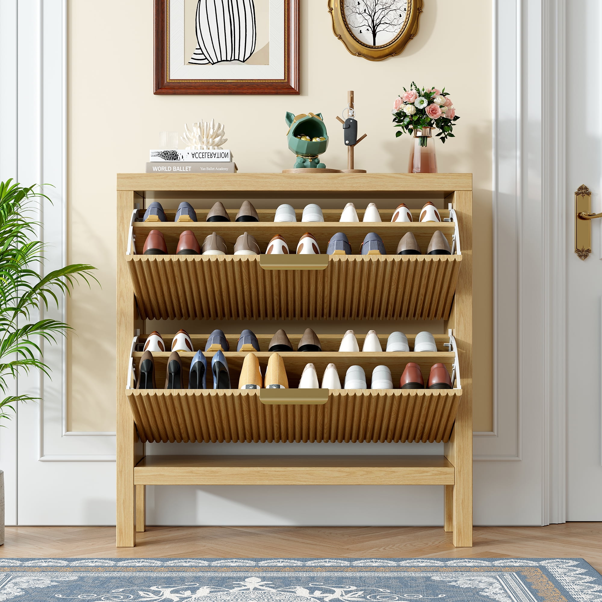 Modern Slatted Wood Shoe Organizer with Dual Flip Drawers,Wood ...