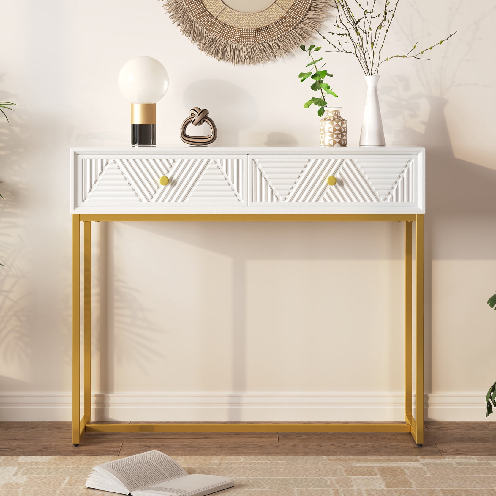 Modern Sleek Console Table, End Table with 2 Drawers and Geometric ...