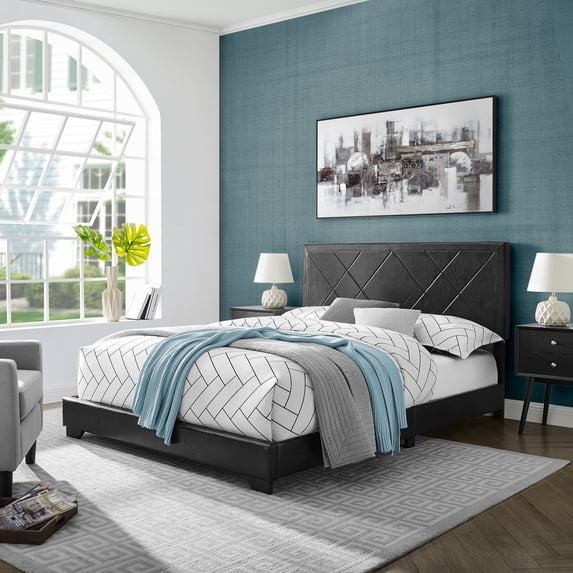 Modern Sleep Matelas Faux Leather Upholstered Bed, Full, Black