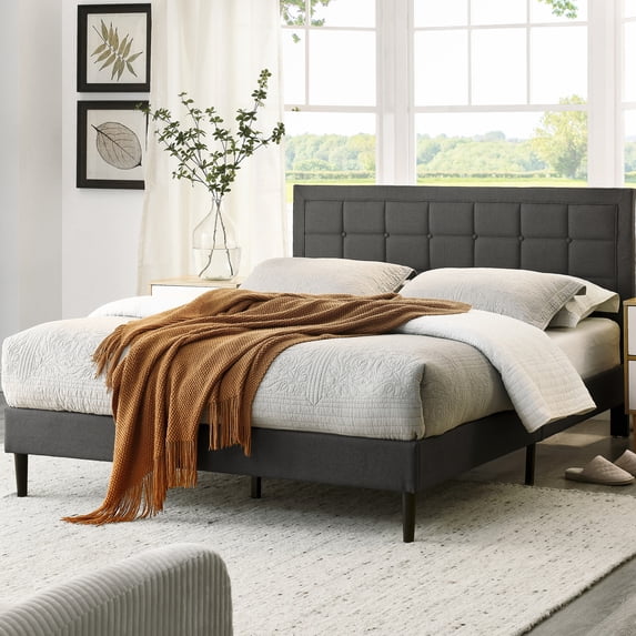 Modern Sleep Mornington Upholstered Platform Metal Bed Frame, King, Dark Gray