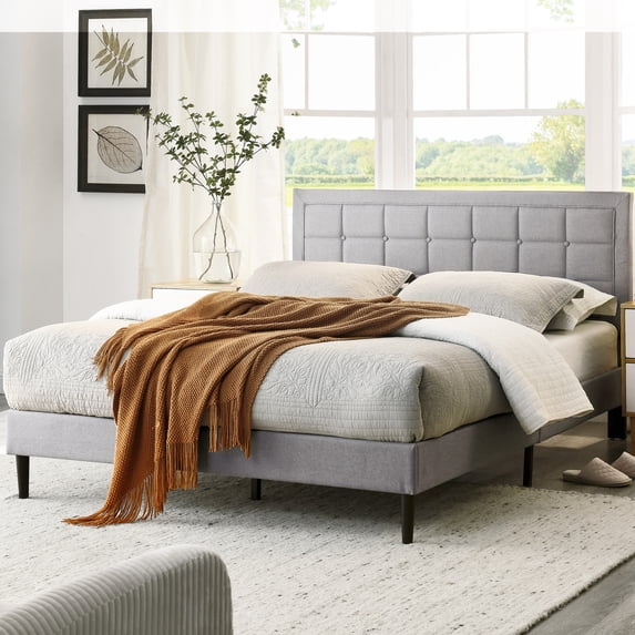 Modern Sleep Mornington Upholstered Platform Metal Bed Frame, Queen, Light Gray