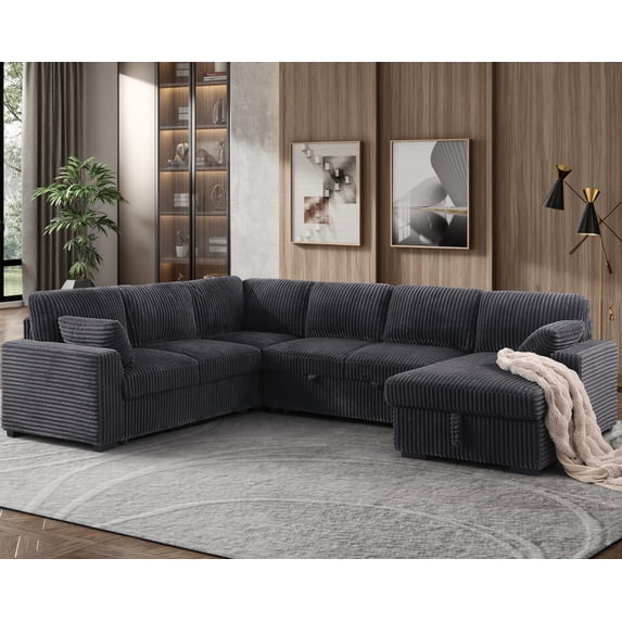 Modern Sleeper Sofa Set with Pull Out Bed Storage Chaise Fabric Dark Gray