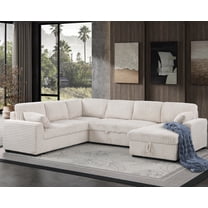 Modern Sleeper Sofa Set with Pull Out Bed Storage Chaise Fabric Beige
