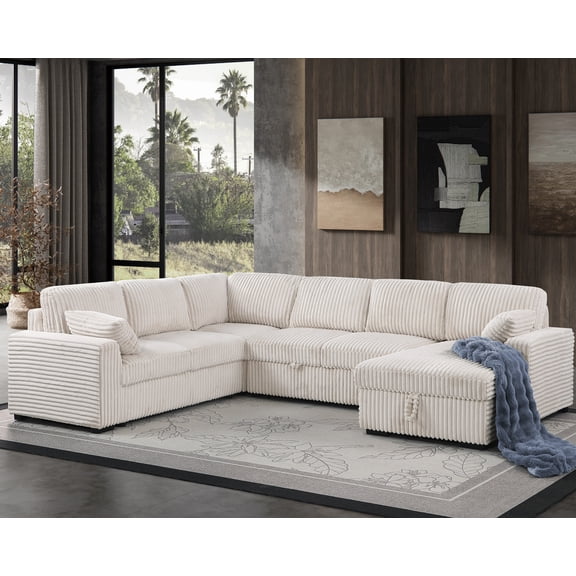 Modern Sleeper Sofa Set with Pull Out Bed Storage Chaise Fabric Beige