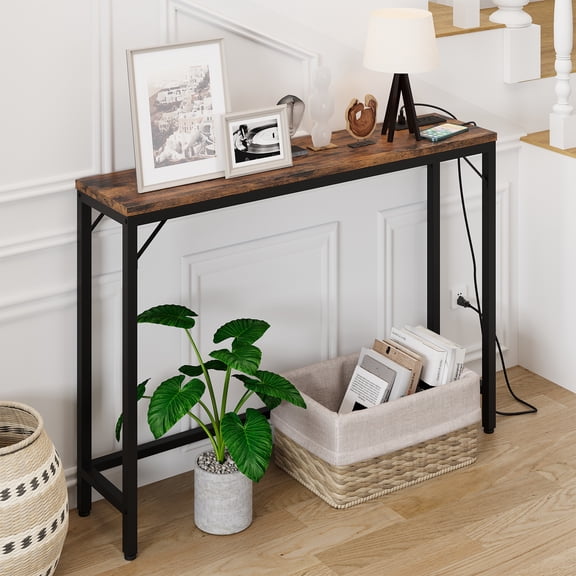 Modern Slim Console Table with Power Outlets & USB Ports, Adjustable Feet, Narrow Sofa Side Table for Living Room, Entryway, Bedroom, Easy Assembly