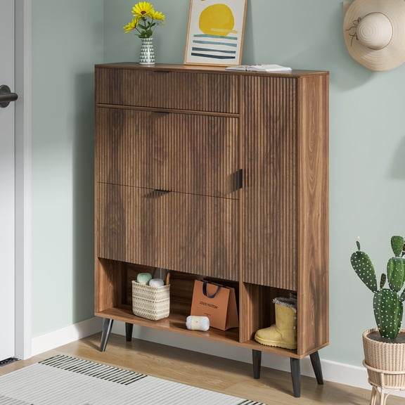 Modern Slim Hidden Shoe Cabinet, Freestanding Shoe Cabinet with 2 Flip Drawers, Entryway Narrow Shoe Storage with Adjustable Shelf&Top Cubby&Doors, Walnut