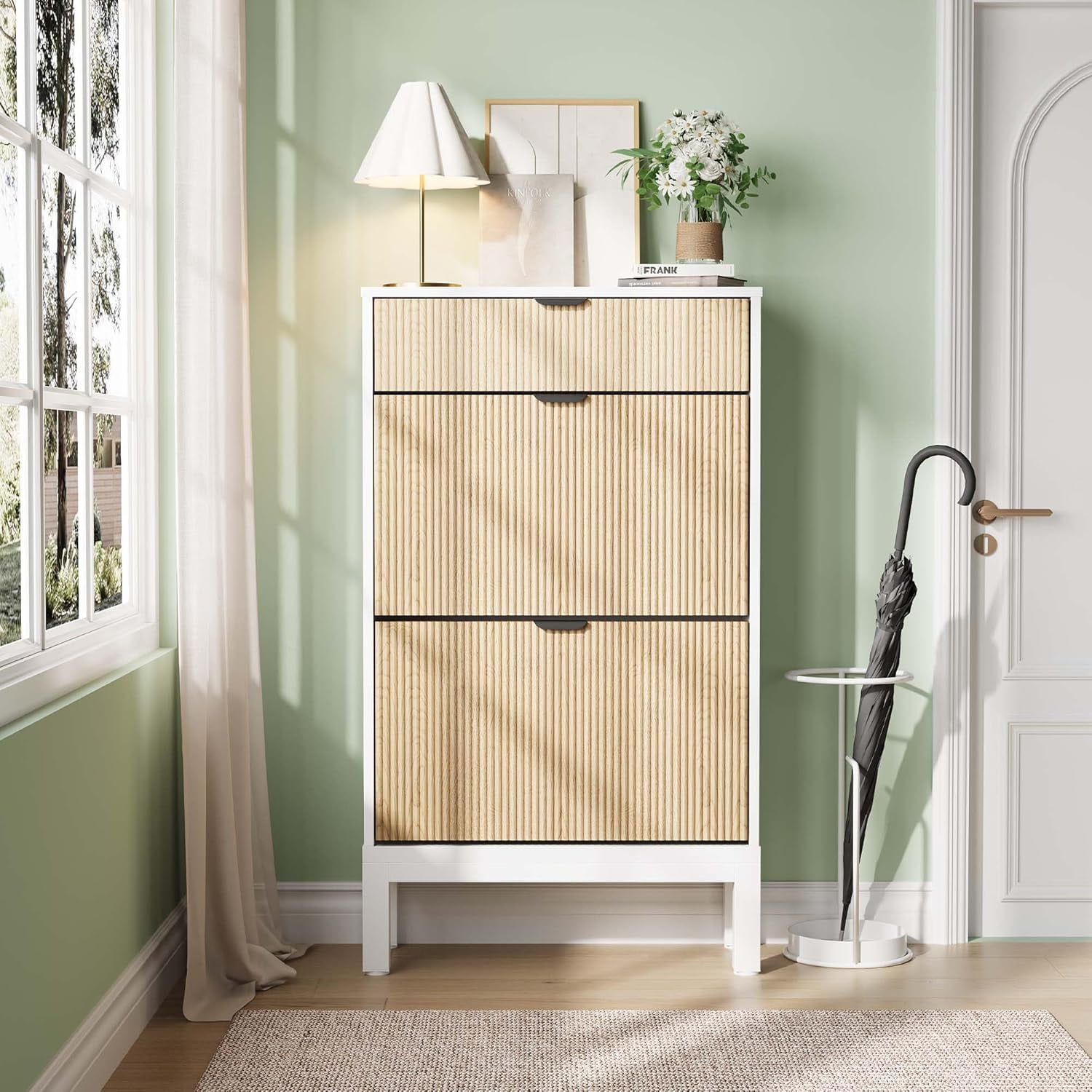 Narrow Shoe Cabinet With 3 Flip Drawers - Slim Storage Organizer For Entryway, Living Room, Hallway