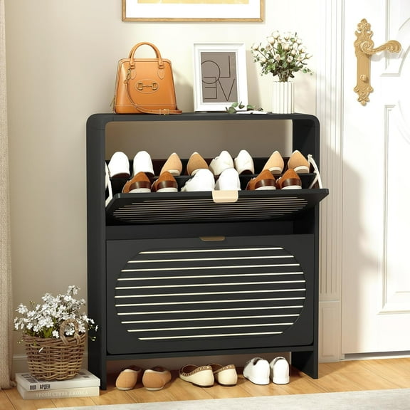 Modern Slim Shoe Storage Cabinet with 2 Flip Drawer Arched Fluted Pattern, Mid-Century Hidden Narrow Curved Corner Shoe Organizer for Entryway,Living Room (Black,with Divider)