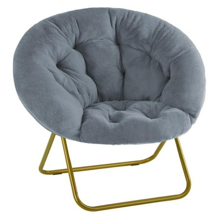 Comfy Saucer Chair, Folding Cozy Faux Fur Accent Seat with Thick Padded and Metal Frame, Single Leisure Chair for Living Room Bedroom, Gray