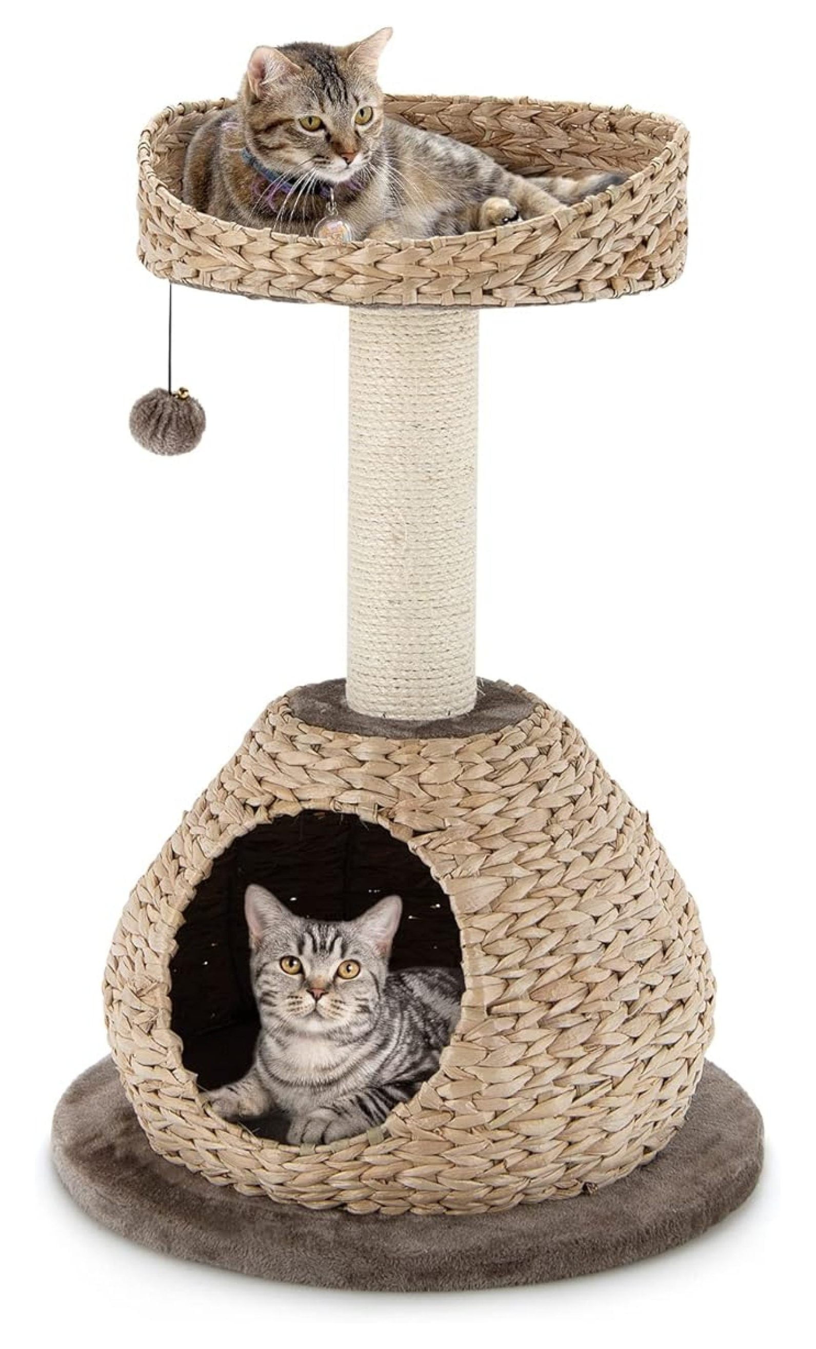 Modern , Small Cat Tower with Natural Sisal Scratching Post, Hand-Made Wicker Cat Condo & Top Perch, Funny Hanging Toy Ball, Cute Tower for Indoor Cats