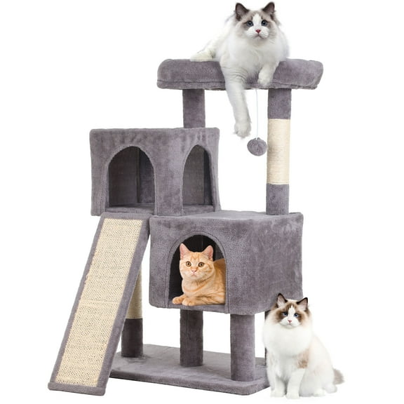 CL.HPAHKL Modern Small Cat Tree Tower with Dual Condos, 36 Inches Cat Tower with Scratching Post Multi-Level Cat Furniture Condo with Ramp for Indoor Cats Cat Cave Beds for Kittens, Ashy
