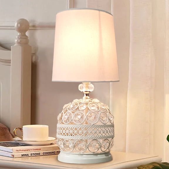 Modern Small Crystal Table Lamp,Contemporary Bedroom Bedside Nightstand Lamp,Desk Globe Lamp for Living Room Girls Kids Room, White Fabric Shade