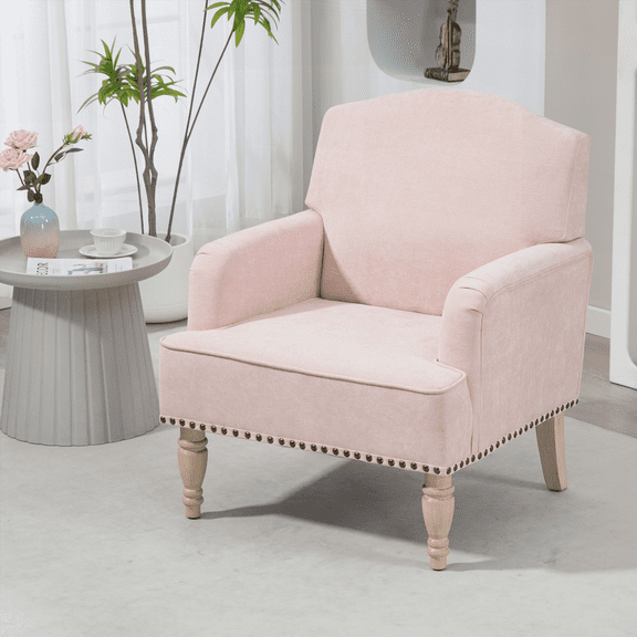 Modern Small Fabric Armchair with Retro Wooden Legs & Nailhead Trim - 1-Piece, Holds 300lbs (Pink)