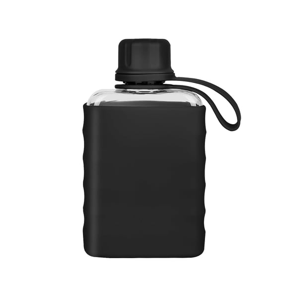 Modern Small Flask with Silicone Sleeve Mini Portable Travel Liquor Flask Clear Tritan Plastic Water Bottles, 8.2oz BPA Free Pocket Drinking Alcohol Flask for Outdoor (Black)