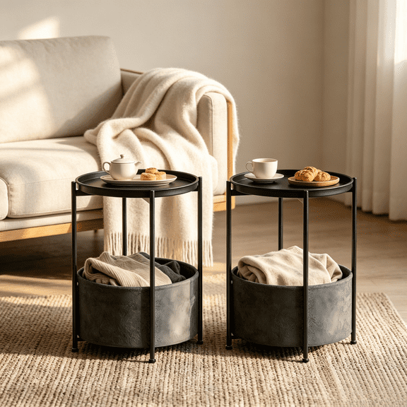 2 Pack Round Side End Table with Fabric Storage Bin, Multipurpose Nightstand for Indoor & Patio Small Areas