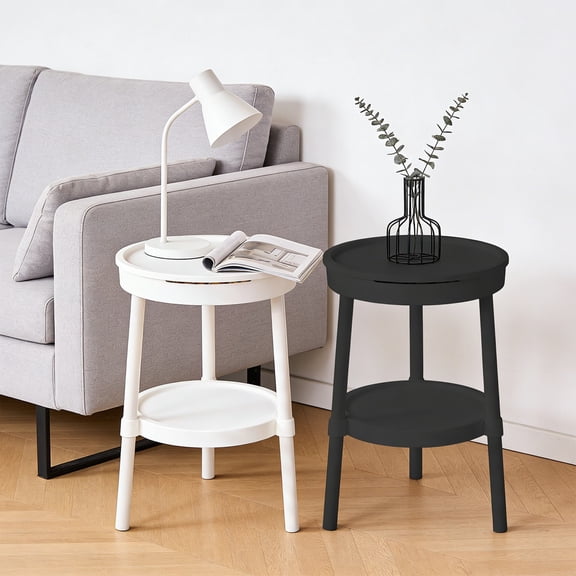 Modern Small Side Table with Drawer and Storage Shelf, Plastic Coffee Table Nightstand for Living Room Bedroom Office