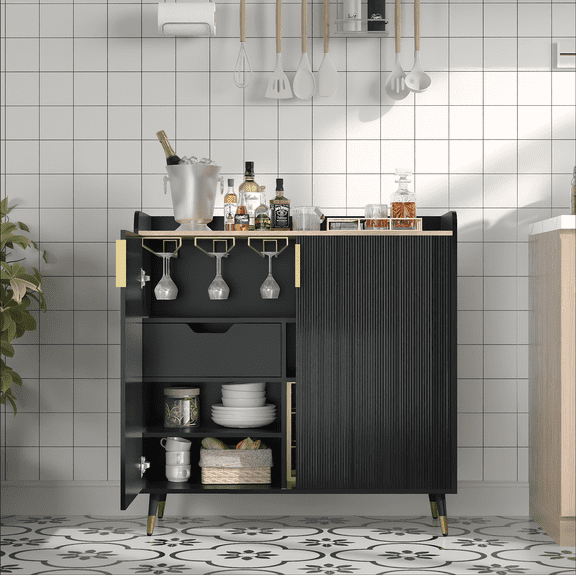 Modern Small Sideboard Buffet Cabinet with Fluted Doors, Wine Bar & Coffee Bar Liquor Cabinet with Wine Rack and Glass Holders for Home Dining Room, Living Room