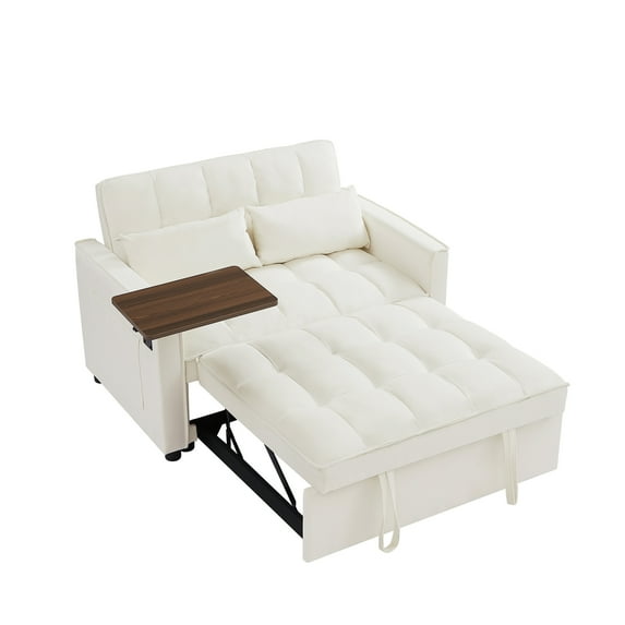 Modern Small Velvet Sofa Bed, Convertible Sleeper Couch Loveseat with Rotatable Table and Storage Pocket for Apartment Bedroom