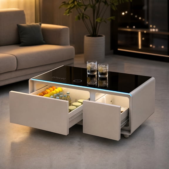 Modern Smart Coffee Table with Built‑in Dual‑Zone Refrigerated Drawers Glossy ABS End Table with Bluetooth Speaker 15W Wireless Charging USB‑C Ports RGB Ambient Light for Living Room41.54"x23.03"x18"