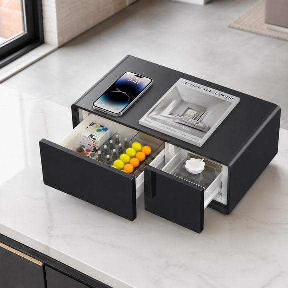 Modern Smart Coffee Table with Built‑in Dual‑Zone Refrigerated Drawers Glossy ABS End Table with Bluetooth Speaker 15W Wireless Charging USB‑C Ports RGB Ambient Light for Living Room41.54"x23.03"x18"