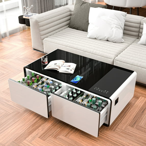 Modern Smart Coffee Table with Built-in Fridge, Bluetooth Speaker, Wireless Charging Module, Touch Control Panel, Power Socket, USB Interface, Outlet Protection, Atmosphere light, and More