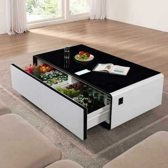 Modern Smart Coffee Table with Built-in Fridge, Bluetooth Speaker, Wireless Charging Module, Touch Control Panel, Power Socket, USB Interface, Outlet Protection, Atmosphere light, and More